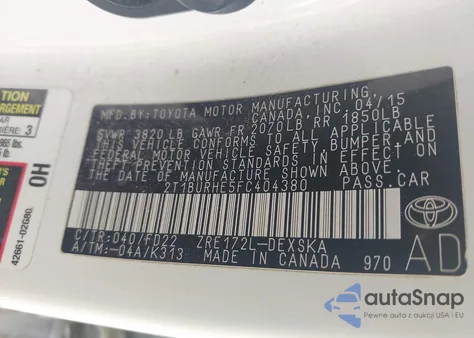 2015 Toyota Corolla S Plus z USA, uszkodzony, nr VIN 2T1BURHE5FC404380